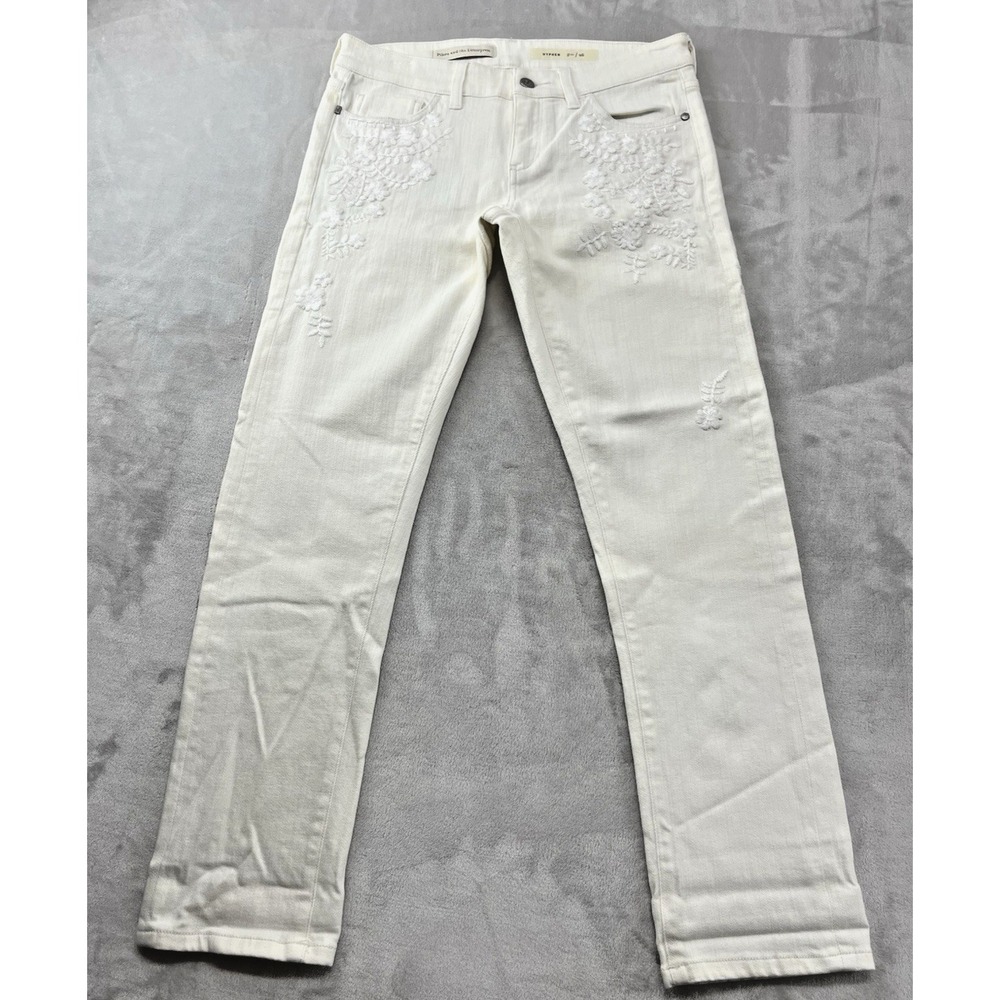 Anthropologie Pilcro Hyphen Jean Women 26 Ivory Stretch Embroidered Straight
